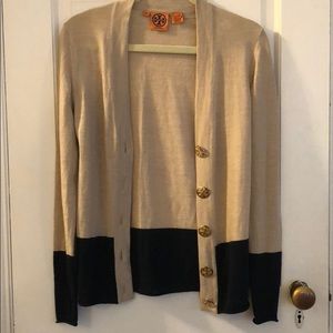 TORY BURCH tan and navy lightweight sweater